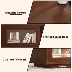 HSH Walnut Coffee Table for Living Room, 47 Inch Modern Wood Rectangle Coffee Tables with Sliding Door and Storage Open Shelf, Large Low Center Table for Home Decor - Image 9