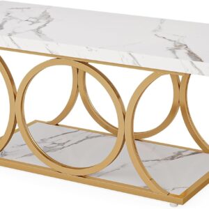 Tribesigns 46.45” Rectangle Coffee Table, Modern Coffee Tables for Living Room, 2-Tier Faux Marble Wood Coffee Table with Geometric Legs, Furniture with Storage Shelf (White & Gold) - Image 2