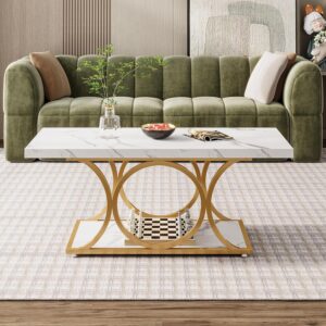Tribesigns 46.45” Rectangle Coffee Table, Modern Coffee Tables for Living Room, 2-Tier Faux Marble Wood Coffee Table with Geometric Legs, Furniture with Storage Shelf (White & Gold) - Image 3