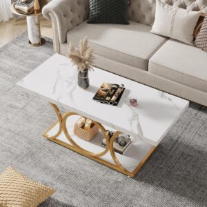 Tribesigns 46.45” Rectangle Coffee Table, Modern Coffee Tables for Living Room, 2-Tier Faux Marble Wood Coffee Table with Geometric Legs, Furniture with Storage Shelf (White & Gold) - Image 4