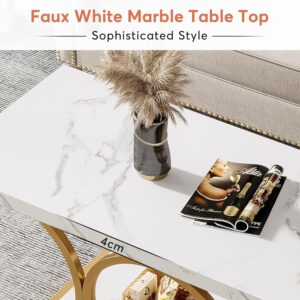 Tribesigns 46.45” Rectangle Coffee Table, Modern Coffee Tables for Living Room, 2-Tier Faux Marble Wood Coffee Table with Geometric Legs, Furniture with Storage Shelf (White & Gold) - Image 5