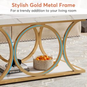 Tribesigns 46.45” Rectangle Coffee Table, Modern Coffee Tables for Living Room, 2-Tier Faux Marble Wood Coffee Table with Geometric Legs, Furniture with Storage Shelf (White & Gold) - Image 6