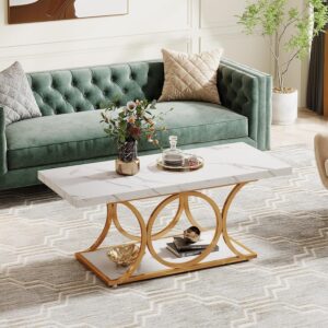 Tribesigns 46.45” Rectangle Coffee Table, Modern Coffee Tables for Living Room, 2-Tier Faux Marble Wood Coffee Table with Geometric Legs, Furniture with Storage Shelf (White & Gold) - Image 7