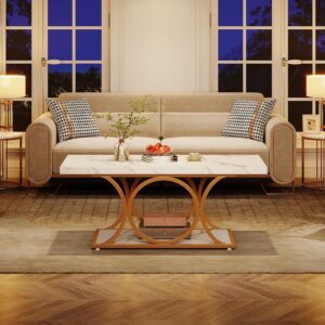 Tribesigns 46.45” Rectangle Coffee Table, Modern Coffee Tables for Living Room, 2-Tier Faux Marble Wood Coffee Table with Geometric Legs, Furniture with Storage Shelf (White & Gold) - Image 8