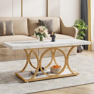 Tribesigns 46.45” Rectangle Coffee Table, Modern Coffee Tables for Living Room, 2-Tier Faux Marble Wood Coffee Table with Geometric Legs, Furniture with Storage Shelf (White & Gold) - Image 9