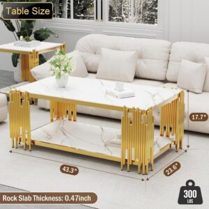Rock Slab Coffee Table Modern Living Room Table Stainless Steel Metal Leg Rectangular Tempered Rock Slab Center Tables for Luxury Home Office (White, 43" Coffee Table) - Image 2