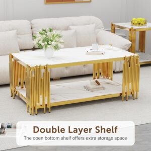 Rock Slab Coffee Table Modern Living Room Table Stainless Steel Metal Leg Rectangular Tempered Rock Slab Center Tables for Luxury Home Office (White, 43" Coffee Table) - Image 6