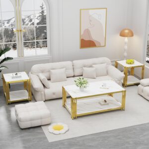 Rock Slab Coffee Table Modern Living Room Table Stainless Steel Metal Leg Rectangular Tempered Rock Slab Center Tables for Luxury Home Office (White, 43" Coffee Table) - Image 9