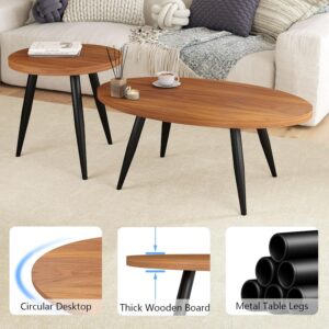 2-Piece Nesting Coffee Table Set, Oval & Round Mid-Century Modern Side Tables with MDF Tabletop & Metal Tapered Legs, Accent Table Set for Living Room, Small Spaces, Walnut - Image 3