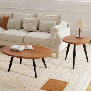 2-Piece Nesting Coffee Table Set, Oval & Round Mid-Century Modern Side Tables with MDF Tabletop & Metal Tapered Legs, Accent Table Set for Living Room, Small Spaces, Walnut - Image 4