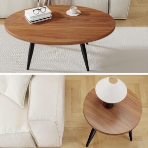 2-Piece Nesting Coffee Table Set, Oval & Round Mid-Century Modern Side Tables with MDF Tabletop & Metal Tapered Legs, Accent Table Set for Living Room, Small Spaces, Walnut - Image 5