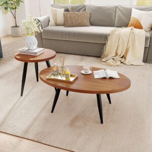 2-Piece Nesting Coffee Table Set, Oval & Round Mid-Century Modern Side Tables with MDF Tabletop & Metal Tapered Legs, Accent Table Set for Living Room, Small Spaces, Walnut - Image 6