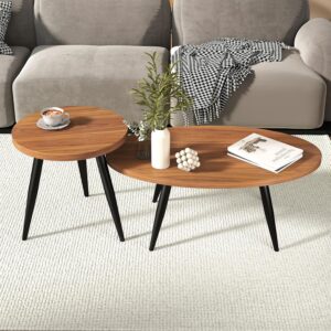 2-Piece Nesting Coffee Table Set, Oval & Round Mid-Century Modern Side Tables with MDF Tabletop & Metal Tapered Legs, Accent Table Set for Living Room, Small Spaces, Walnut - Image 8