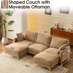VINGLI 100" W U Shaped Couch with Ottoman, 22" Deep Seat Comfortable Sectional Couches for Living Room, 3 Seater Chenille Fabric Cloud Sofa for Apartment, Small Spaces, Bedroom, Khaki - Image 3