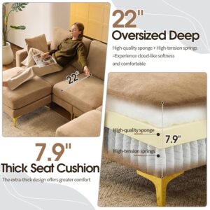 VINGLI 100" W U Shaped Couch with Ottoman, 22" Deep Seat Comfortable Sectional Couches for Living Room, 3 Seater Chenille Fabric Cloud Sofa for Apartment, Small Spaces, Bedroom, Khaki - Image 4