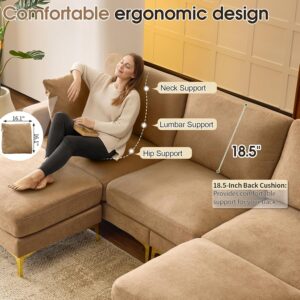 VINGLI 100" W U Shaped Couch with Ottoman, 22" Deep Seat Comfortable Sectional Couches for Living Room, 3 Seater Chenille Fabric Cloud Sofa for Apartment, Small Spaces, Bedroom, Khaki - Image 5