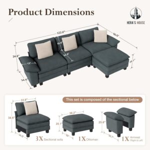 HERA'S HOUSE 124" Modular Sectional Sofa, Oversized L Shaped Couches for Living Room, Comfy Cloud Couch with Ottoman, 4-Seater Deep Seat Sofa with Throw Pillow, Chenille Blue - Image 2