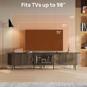 94.5" Fluted Mid Century Modern TV Stand for TVs Up to 80/85/86/90/98/100", Tambour Sliding Doors Entertainment Center with Storage&LED, Curved Media&TV Console Long TV Stands for Living Room, Walnut - Image 3