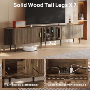 94.5" Fluted Mid Century Modern TV Stand for TVs Up to 80/85/86/90/98/100", Tambour Sliding Doors Entertainment Center with Storage&LED, Curved Media&TV Console Long TV Stands for Living Room, Walnut - Image 5
