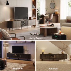 94.5" Fluted Mid Century Modern TV Stand for TVs Up to 80/85/86/90/98/100", Tambour Sliding Doors Entertainment Center with Storage&LED, Curved Media&TV Console Long TV Stands for Living Room, Walnut - Image 6