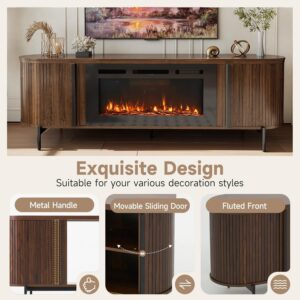 Luxury 70" Fluted TV Stand with Fireplace, Mid Century Modern TV Stand, Entertainment Center for TVs Up to 80", Electric Fireplace TV Console for Living Room with Storage,70 Inch, Brown - Image 3