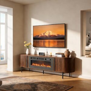 Luxury 70" Fluted TV Stand with Fireplace, Mid Century Modern TV Stand, Entertainment Center for TVs Up to 80", Electric Fireplace TV Console for Living Room with Storage,70 Inch, Brown - Image 4