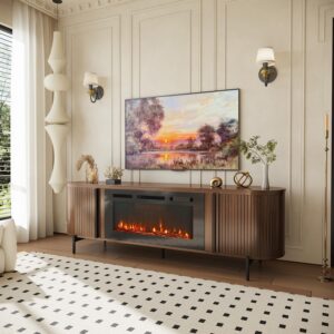 Luxury 70" Fluted TV Stand with Fireplace, Mid Century Modern TV Stand, Entertainment Center for TVs Up to 80", Electric Fireplace TV Console for Living Room with Storage,70 Inch, Brown - Image 9