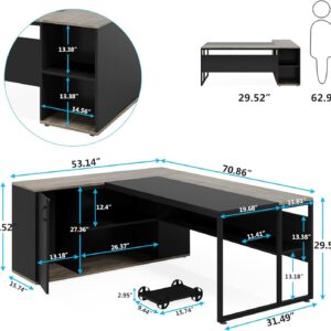 Tribesigns 71 inch Executive Desk, L Shaped Desk with Cabinet Storage, Executive Office Table with Shelves, Business Furniture Set Workstation for Home Office, Gray - Image 2