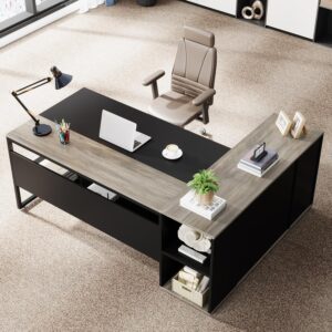 Tribesigns 71 inch Executive Desk, L Shaped Desk with Cabinet Storage, Executive Office Table with Shelves, Business Furniture Set Workstation for Home Office, Gray - Image 3