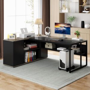 Tribesigns 71 inch Executive Desk, L Shaped Desk with Cabinet Storage, Executive Office Table with Shelves, Business Furniture Set Workstation for Home Office, Gray - Image 4