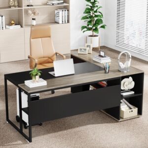 Tribesigns 71 inch Executive Desk, L Shaped Desk with Cabinet Storage, Executive Office Table with Shelves, Business Furniture Set Workstation for Home Office, Gray - Image 5