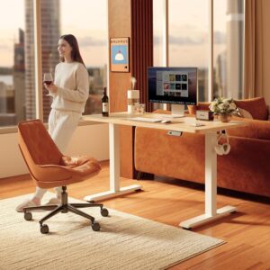 FEZIBO Standing Desk, 48 × 24 Inches Electric Height Adjustable, Sit and Stand Up, Computer Office Desk with Splice Board, White Frame/Maple TOP - Image 2