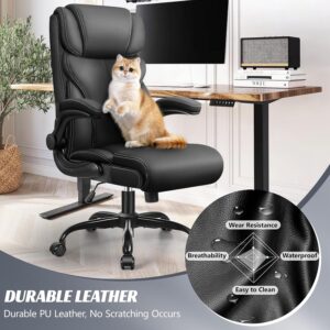 Office Chair, Ergonomic Big and Tall Computer Desk Chairs, Executive Breathable Leather Chair with Adjustable Flip-up Armrests, Lumbar Support Swivel PC Chair with Rocking Function,Matte Black - Image 3