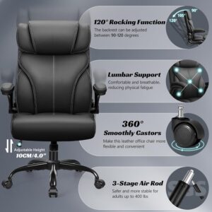 Office Chair, Ergonomic Big and Tall Computer Desk Chairs, Executive Breathable Leather Chair with Adjustable Flip-up Armrests, Lumbar Support Swivel PC Chair with Rocking Function,Matte Black - Image 4