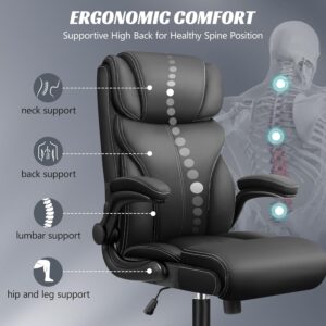 Office Chair, Ergonomic Big and Tall Computer Desk Chairs, Executive Breathable Leather Chair with Adjustable Flip-up Armrests, Lumbar Support Swivel PC Chair with Rocking Function,Matte Black - Image 5