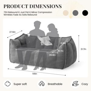 59" Bean Bag Chair, 2-Seat Loveseat Sofa Bed for Adults, Washable Cover,72H Rebound, Fluffy Comfort for Living Room,Bedroom,Grey - Image 3
