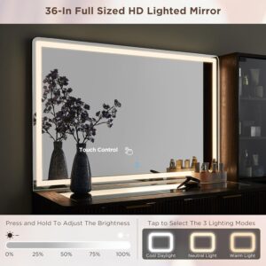 T4TREAM Fluted Makeup Vanity Desk with 36" HD Lighted Mirror, 48" Big Modern Vanity Desk with Mirror and Lights, Dressing Table with 5 Drawers & Shelves, Glass Top for Bedroom, Dark Walnut - Image 5