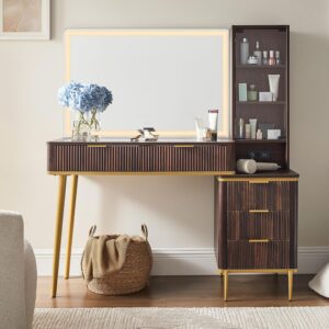 T4TREAM Fluted Makeup Vanity Desk with 36" HD Lighted Mirror, 48" Big Modern Vanity Desk with Mirror and Lights, Dressing Table with 5 Drawers & Shelves, Glass Top for Bedroom, Dark Walnut - Image 6