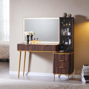 T4TREAM Fluted Makeup Vanity Desk with 36" HD Lighted Mirror, 48" Big Modern Vanity Desk with Mirror and Lights, Dressing Table with 5 Drawers & Shelves, Glass Top for Bedroom, Dark Walnut - Image 8