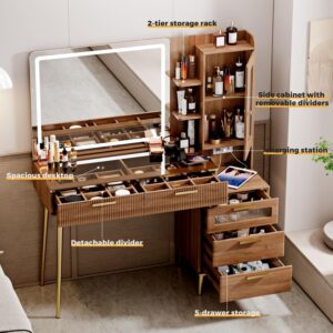 Vanity Desk with 29.53" HD Lighted Mirror, 47.24" Big Modern Vanity Desk with Mirror and Lights, Makeup Vanity with 5 Drawers and Storage Shelves and Charging Station,Brown1 - Image 4