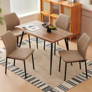 Dining Table Set for 4, Modern Wood Irregular Rectangle Dining Table,Leather Dining Chairs 4,Table and Chairs Set of 4 for Kitchen Dining Room, Beige - Image 6