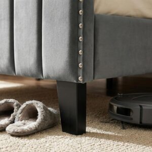 Queen Bed Frame Velvet with Headboard and Footboard, 46.8" Tall Arched Vertical Channel Tufted, Upholstered Platform Bed with Nailhead Trim, Sturdy Wood Slats, No Box Spring Needed, Grey - Image 3