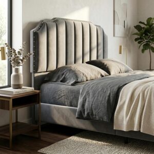 Queen Bed Frame Velvet with Headboard and Footboard, 46.8" Tall Arched Vertical Channel Tufted, Upholstered Platform Bed with Nailhead Trim, Sturdy Wood Slats, No Box Spring Needed, Grey - Image 4