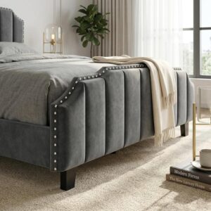 Queen Bed Frame Velvet with Headboard and Footboard, 46.8" Tall Arched Vertical Channel Tufted, Upholstered Platform Bed with Nailhead Trim, Sturdy Wood Slats, No Box Spring Needed, Grey - Image 5