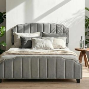 Queen Bed Frame Velvet with Headboard and Footboard, 46.8" Tall Arched Vertical Channel Tufted, Upholstered Platform Bed with Nailhead Trim, Sturdy Wood Slats, No Box Spring Needed, Grey - Image 6