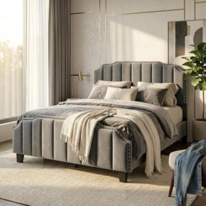 Queen Bed Frame Velvet with Headboard and Footboard, 46.8" Tall Arched Vertical Channel Tufted, Upholstered Platform Bed with Nailhead Trim, Sturdy Wood Slats, No Box Spring Needed, Grey - Image 7