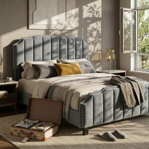 Queen Bed Frame Velvet with Headboard and Footboard, 46.8" Tall Arched Vertical Channel Tufted, Upholstered Platform Bed with Nailhead Trim, Sturdy Wood Slats, No Box Spring Needed, Grey - Image 8