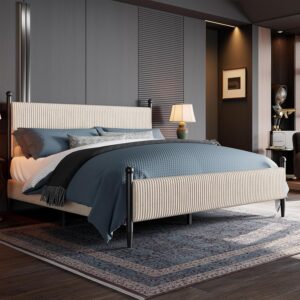 Garvee King Size Upholstered Bed Frame - with Velvet Headboard, Soft Corduroy Fabric Platform with Wooden Slats Support & Heavy Duty Feet, No Box Spring Needed, Noise Free, Easy Assembly, White - Image 3