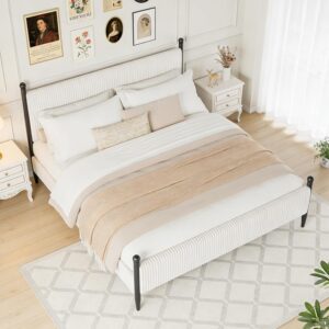 Garvee King Size Upholstered Bed Frame - with Velvet Headboard, Soft Corduroy Fabric Platform with Wooden Slats Support & Heavy Duty Feet, No Box Spring Needed, Noise Free, Easy Assembly, White - Image 6