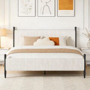 Garvee King Size Upholstered Bed Frame - with Velvet Headboard, Soft Corduroy Fabric Platform with Wooden Slats Support & Heavy Duty Feet, No Box Spring Needed, Noise Free, Easy Assembly, White - Image 8